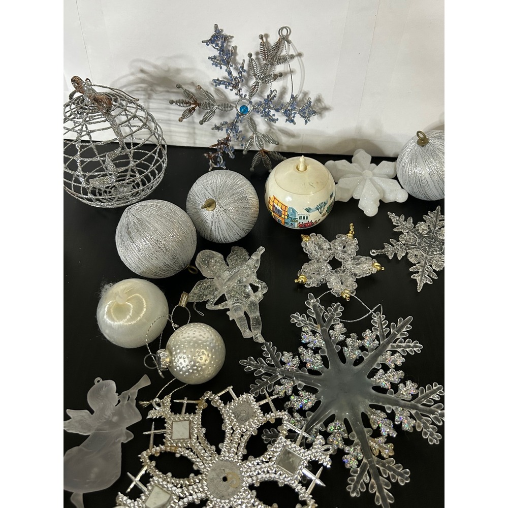 Bulk Lot Christmas Ornaments Silver White Glitter Snowflake Angel Icicle Vintage